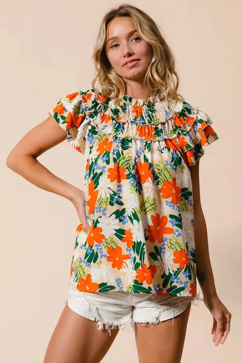 BiBi Multi Color Floral Print Woven Top for Women - Love Salve